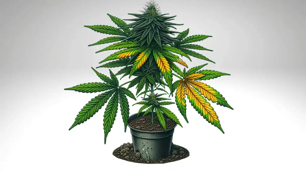 Illustration von beeinträchtigten Cannabispflanzen aufgrund von Kaliumüberschuss