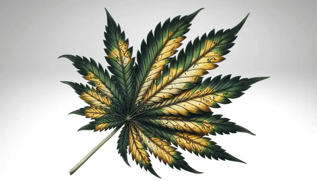 Illustration von Cannabisblättern mit Anzeichen einer Kaliumüberdüngung