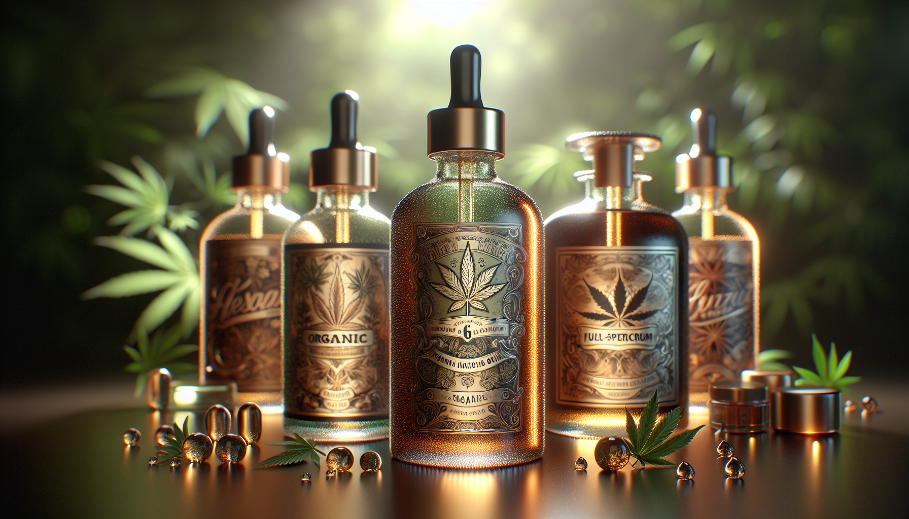 Eine Illustration von Premium Cannabis Tropfen mit Qualitätsmerkmalen.