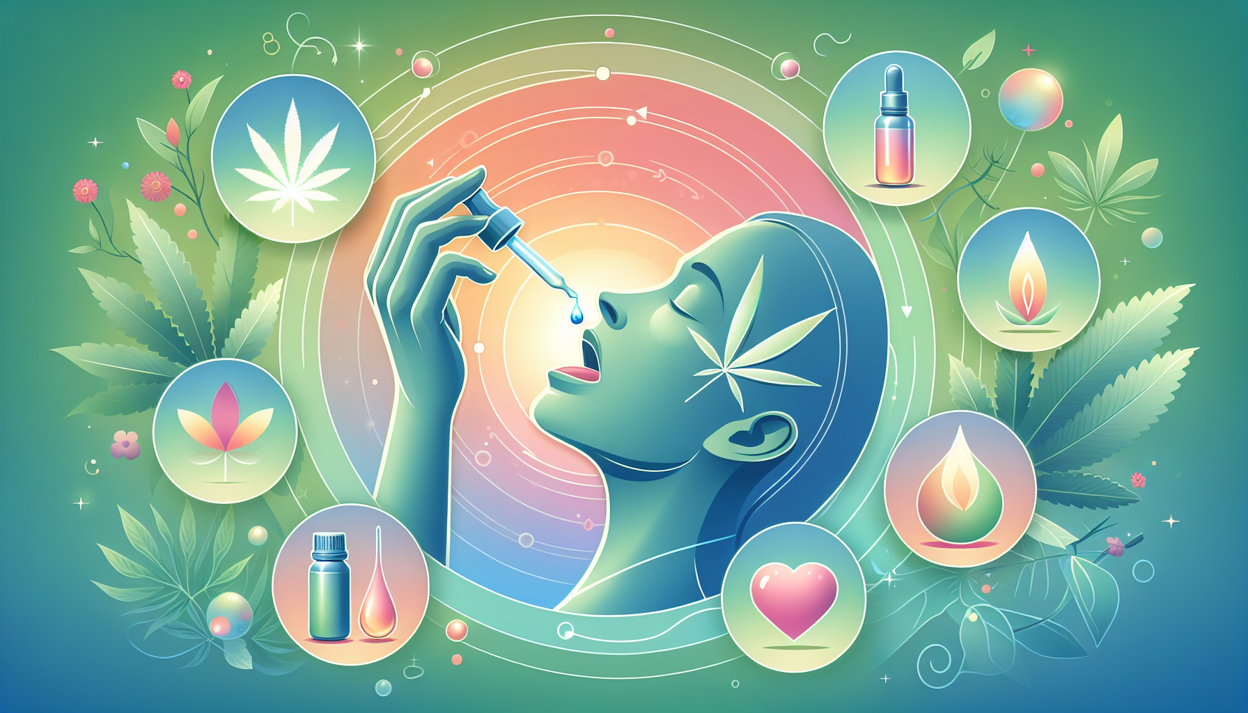 Eine Illustration, die die Wirkung und Anwendung von Cannabis Tropfen zeigt.