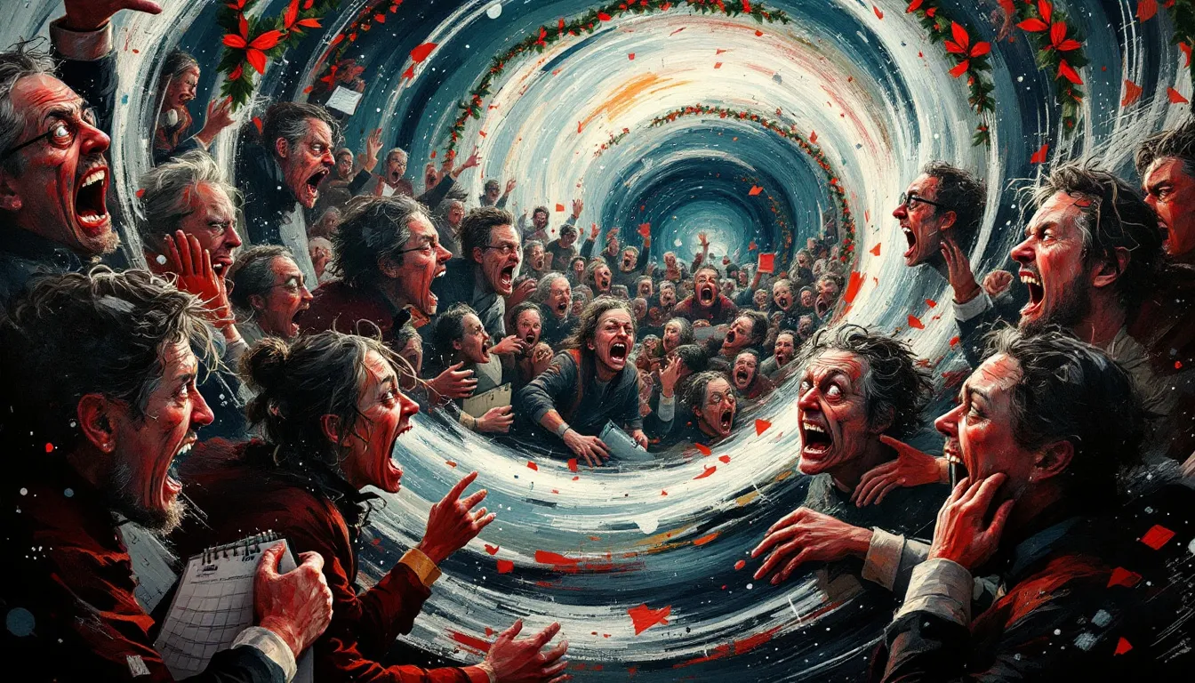 Gestresste Menschen in der Vorweihnachtszeit, die mit Einkäufen und Vorbereitungen beschäftigt sind.