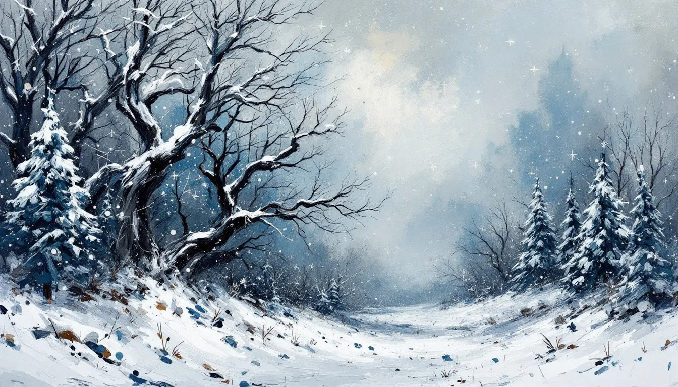 Eine winterliche Landschaft mit schneebedeckten Bäumen und einem grauen Himmel, die die Stimmung der Vorweihnachtszeit widerspiegelt.