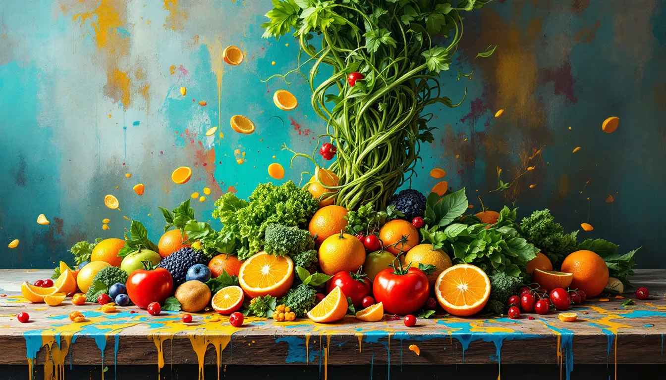 Ein Tisch mit gesunden Lebensmitteln, die zur Verbesserung der Stimmung und Gesundheit beitragen.