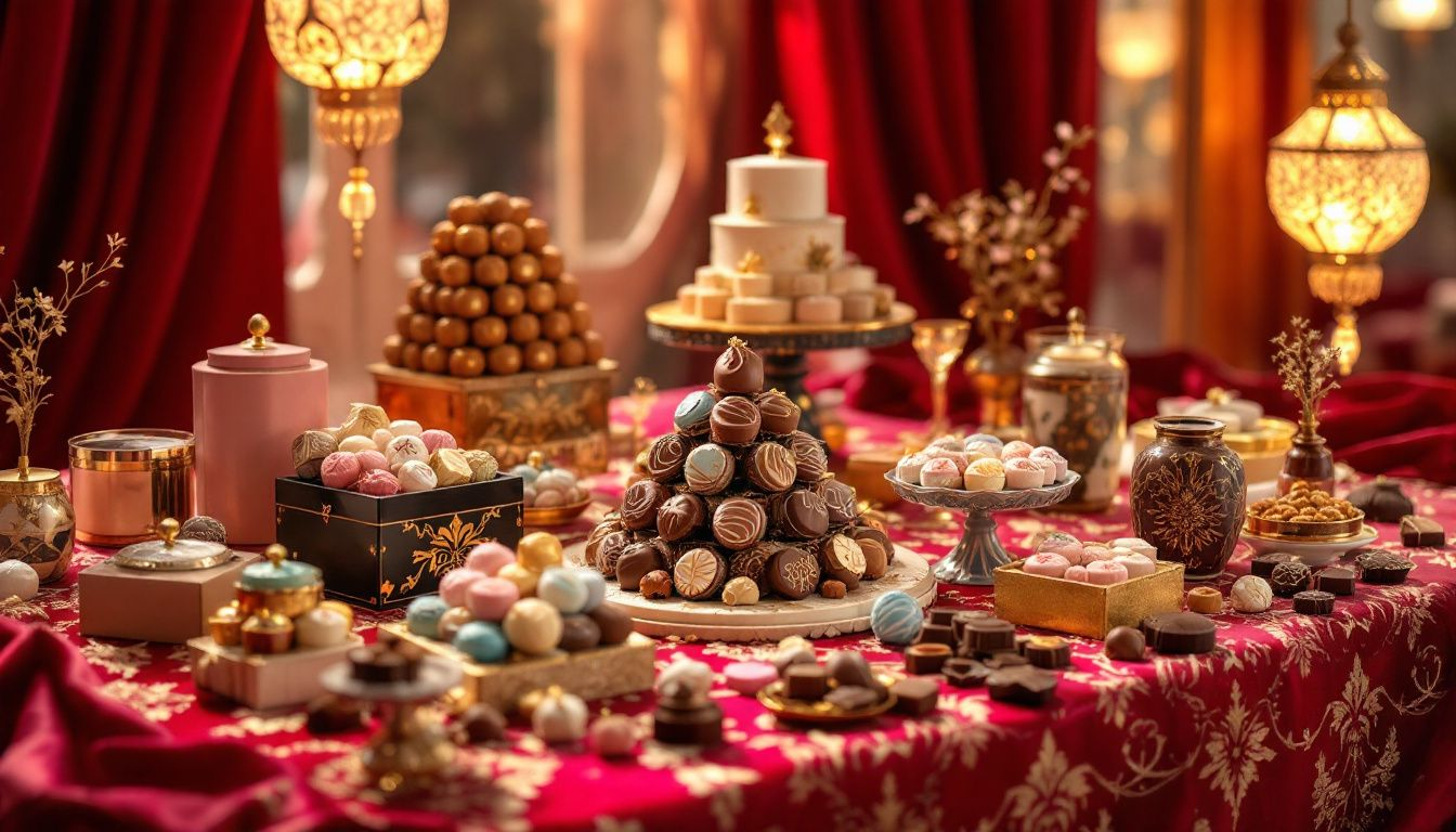 Verschiedene Varianten der Dubai Schokolade auf einem Tisch.