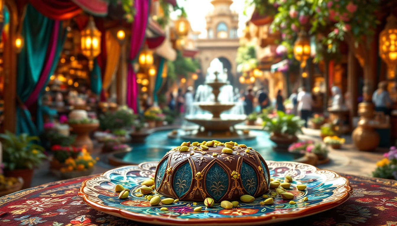 Dekorierte Dubai Schokolade mit Pistazien und Kuvertüre.